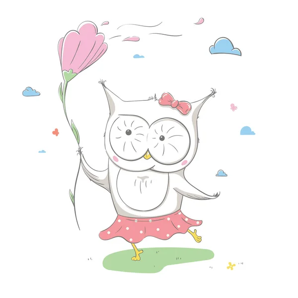 Lovely Cute Owl Skirt Polka Dots Big Flower Spring Card — Stock Vector