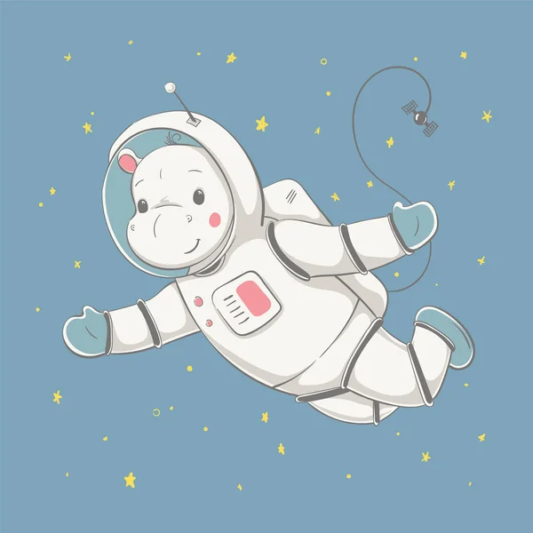 Precioso lindo hipopótamo vuela en el espacio con la estación espacial. Serie espacial de tarjetas para niños — Archivo Imágenes Vectoriales