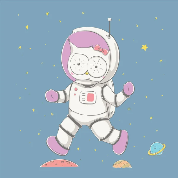 Hermosa chica linda búho saltando sobre los planetas en el espacio. Serie espacial de tarjetas para niños — Archivo Imágenes Vectoriales