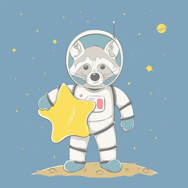 Lindo menino guaxinim bonito segurar a estrela e ficar no planeta no espaço. Série espacial de cartão infantil —  Vetores de Stock