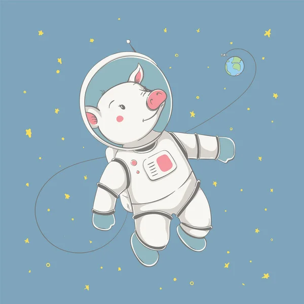 Schöne süße Schweinchen fliegen mit der Raumstation und dem Planeten. Weltraumserie der Kinderkarte — Stockvektor