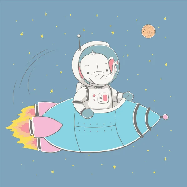 Beau bébé éléphant mignon volant dans la fusée dans l'espace. Espace série de cartes pour enfants — Image vectorielle