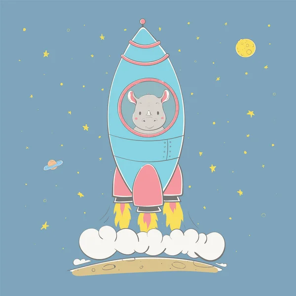 Rinoceronte bonito lindo sobe no foguete no espaço. Série espacial de cartão infantil — Vetor de Stock