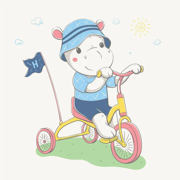 Adorável hipopótamo bonito no panamá, camiseta e shorts de bicicleta pequena. Série de verão de cartão infantil —  Vetores de Stock