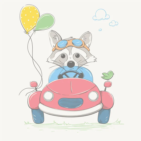 El encantador mapache lindo está conduciendo el coche. Joven corredor con las gafas y los globos de color. La serie veraniega de la tarjeta infantil — Vector de stock