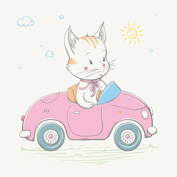 Linda menina gatinho bonito está dirigindo o carro rosa. Jovem motorista de moda. Série de verão de cartão infantil —  Vetores de Stock