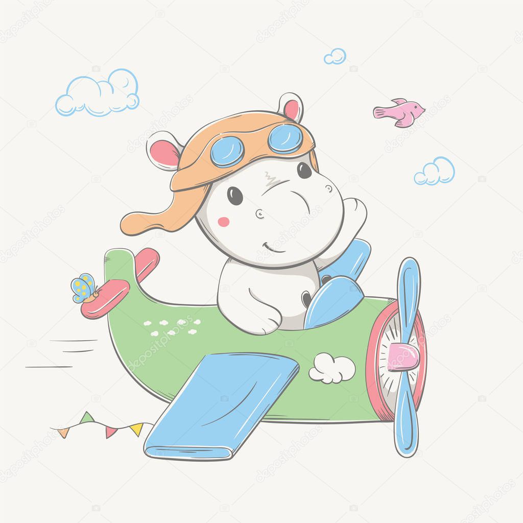 Lovely cute hippo in the pilot's hat and glasses flies by the green plane with butterfly, bird and garland. Summer series of children's card