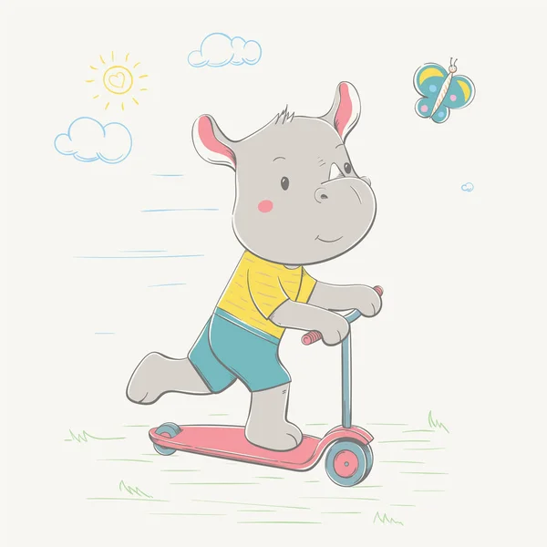 Mooie schattige rhino rijdt de scooter voor de vlinder. Jongeren gekleed rhino. Zomer Kinder kaart aantal — Stockvector