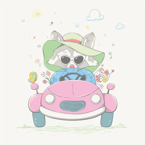 Krásný roztomilý mýval dívka jede auto. Mladý závodník v letní čepice a brýle s barvu květů. Letní série dětské karty — Stockový vektor