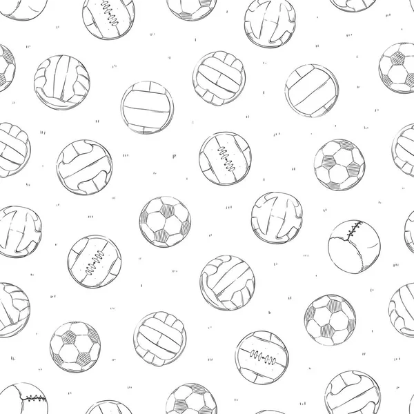 Patrón deportivo con las diferentes bolas de fútbol / fútbol en el estilo dibujado a mano . — Archivo Imágenes Vectoriales