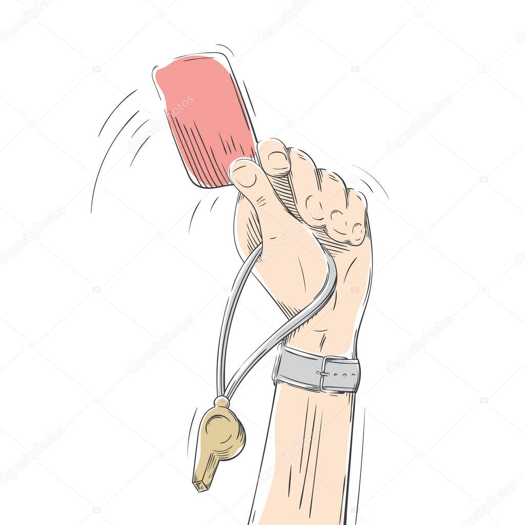 Soccer / Football Referee Hand With Red Card Whistle. Hand-drawi