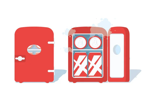 Vintage petit réfrigérateur rouge fermé et ouvert plein de boissons . — Image vectorielle