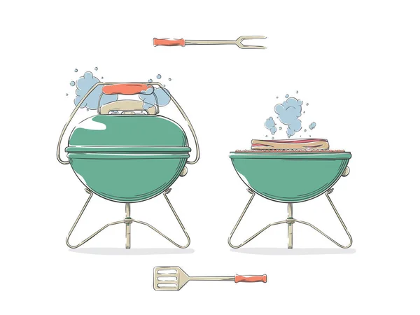 Elementos de barbacoa / parrilla dibujados para menú de restaurante o almuerzo al aire libre de fin de semana o picnic . — Archivo Imágenes Vectoriales