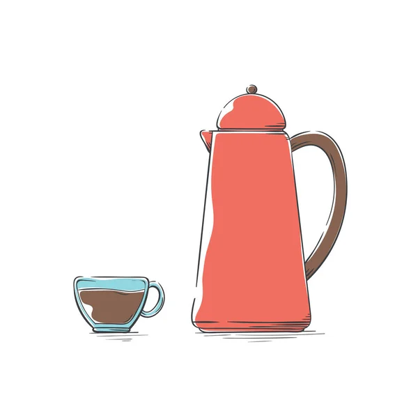 Kahve elemanları ve kahve aksesuarları seti. Su ısıtıcısı ve cam kahve. — Stok Vektör