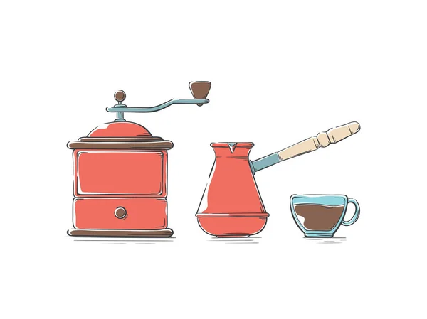 Conjunto de elementos de café e acessórios de café. Moedor de café manual, máquina de café turco e copo de vidro . — Vetor de Stock