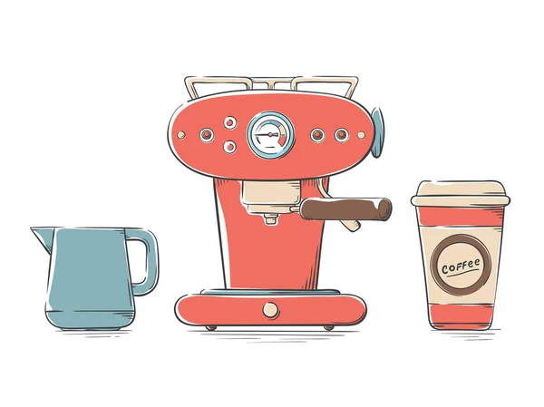 Набор элементов кофе и кофейных аксессуаров. Кофеварка, контейнер для молока, чашка кофе, чтобы пойти . — стоковый вектор