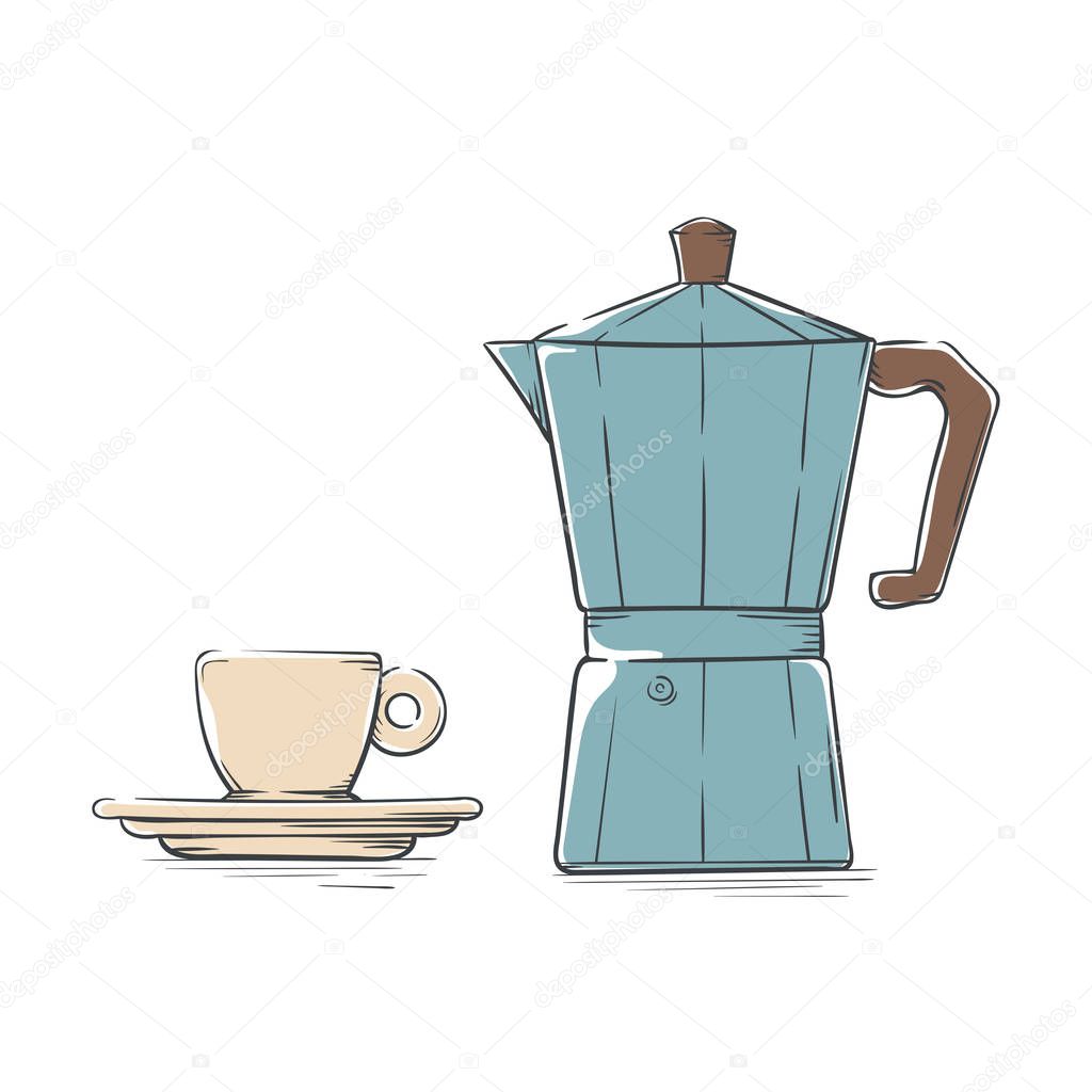 Set of coffee elements and coffee accessories. Geyser coffee maker and a cup of coffee. Illustration for cafe, restaurant and home. Hand-drawn style vector illustration.