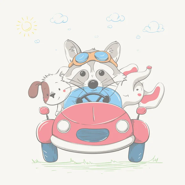 Прекрасний милий хлопчик з єнотом водить машину з друзями. Молодий гонщик з собакою і слоном — стоковий вектор