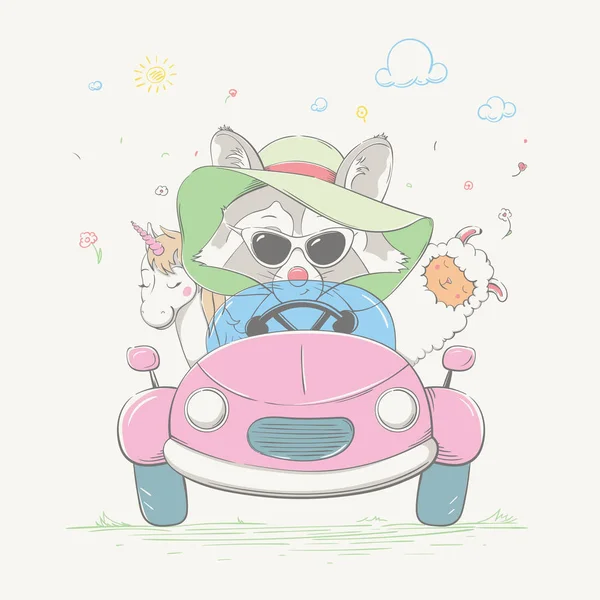 Belle fille raton laveur mignon conduit la voiture avec ses amis. Jeune coureur dans le chapeau d'été et les lunettes — Image vectorielle