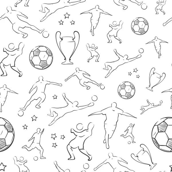 Padrão sem costura de futebol / futebol desenhado à mão com silhuetas — Vetor de Stock