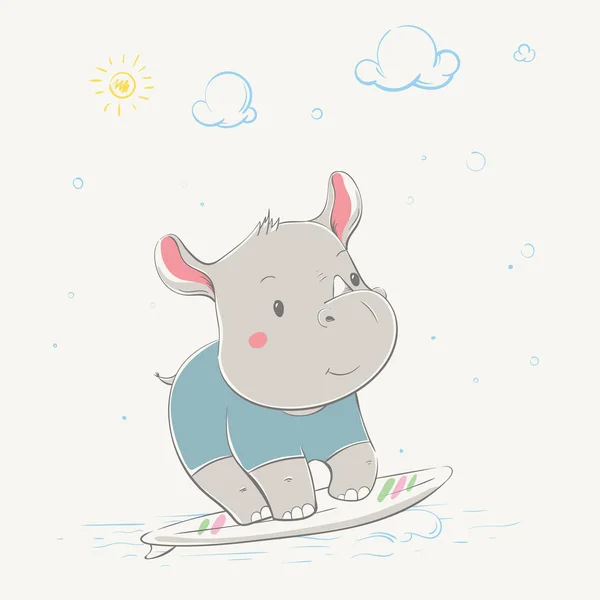 Lovely cute rhino rides on the surfboard with the green and pink stripes. Young rhino dressed in the wetsuit or the swimsuit. — Stock Vector