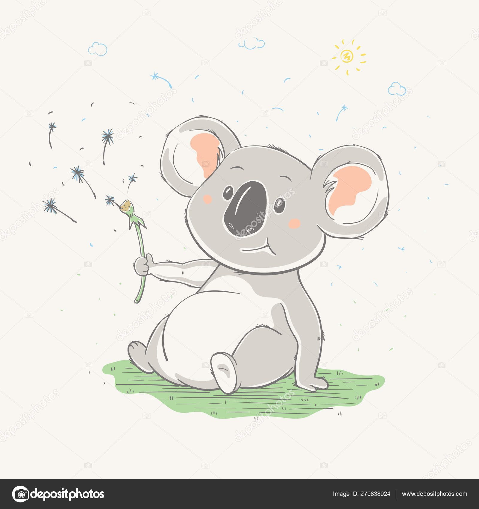 Lovely Cute Koala Sits With The Bald Dandelion Koala Bear