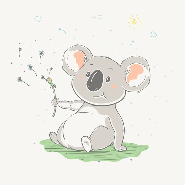 Bella koala carino siede con il dente di leone calvo. Koala orso con fiori e petali sparsi intorno, disegnato a mano — Vettoriale Stock