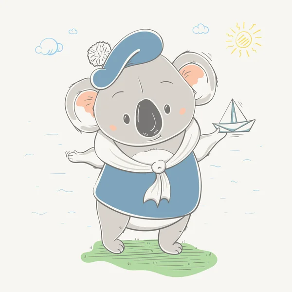 Lovely cute koala in sailor clothes launches paper boat. Koala bear in funny clothes, hand-drawn — Stock Vector