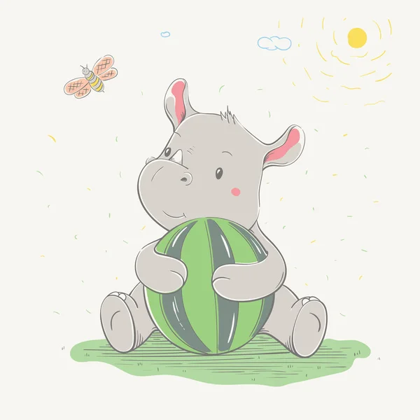 Lovely cute rhino sits hugging a green watermelon. Summer berry, hand-drawn. — Stock Vector