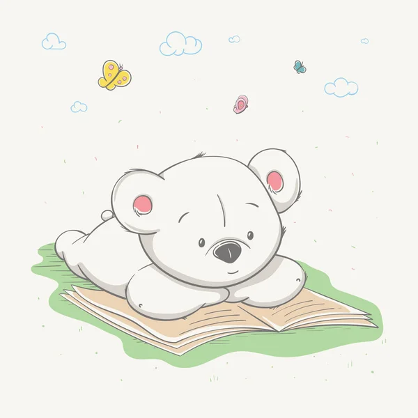 Lovely cute little bear lies on the grass and reads a book. Smart young bear, hand-drawn — Stock Vector