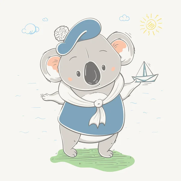 Precioso lindo koala en ropa marinera lanza barco de papel. Koala oso en ropa divertida, dibujado a mano Gráficos Vectoriales