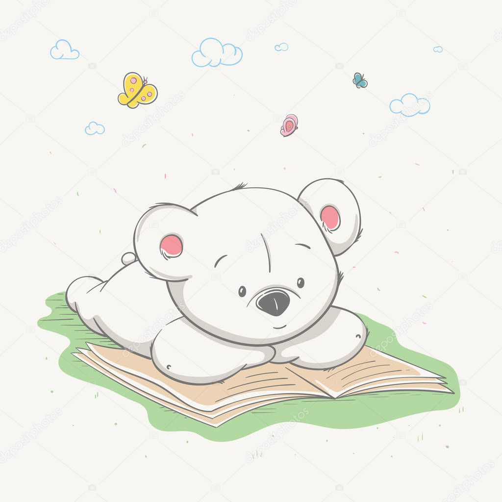Lovely cute little bear lies on the grass and reads a book. Smart young bear, hand-drawn