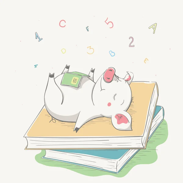 Precioso cerdo lindo durmiendo en los libros. Serie de tarjetas escolares para niños con animales de dibujos animados — Vector de stock