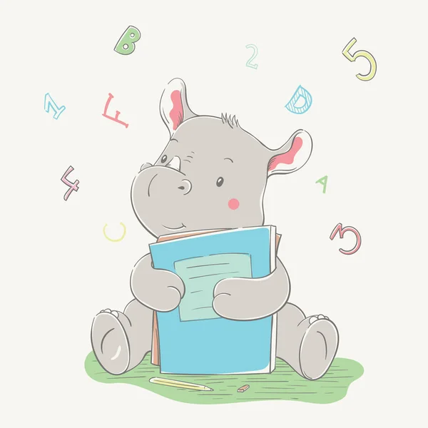귀여운 코뿔소가 앉아서 책을 부둥켜안고 있다. 만화 스타일의 동물이 그려진 학교 아이들의 카드 시리즈 — 스톡 벡터