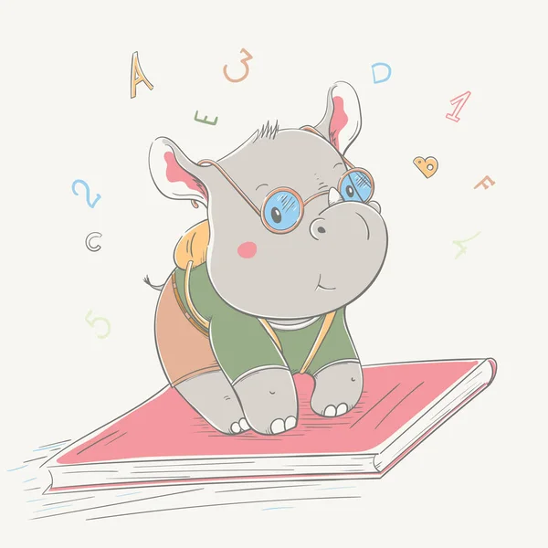 Krásný roztomilý šprt nosorožec mouchy na knize s brýlemi a batohem. Série školní karty pro děti se zvířetem v kresleném stylu — Stockový vektor