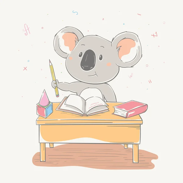 Lovely cute koala sits at a school desk with pencil and books. Series of school children's card with cartoon style animal. — Stock Vector