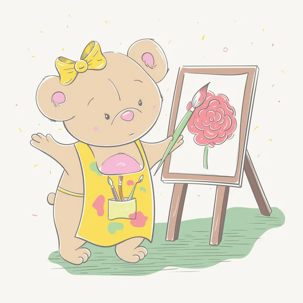 Bella graziosa bambina orso disegna rosa rossa su un cavalletto. Serie di carte per bambini scolastici con animale in stile cartone animato — Vettoriale Stock