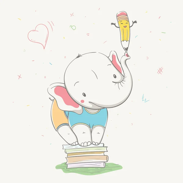 Joli éléphant mignon tient un crayon sur le tronc tout en se tenant sur la pile de livres. Série de cartes d'écoliers avec animaux de style dessin animé . — Image vectorielle