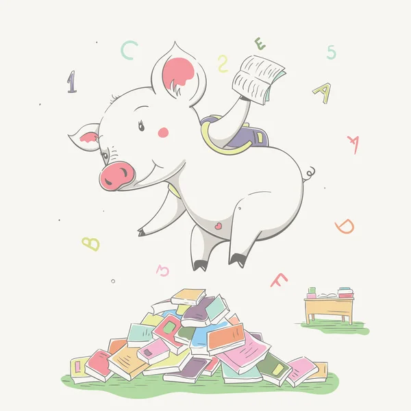 バックパック付きの素敵なかわいい豚は本の山に飛び込みます。漫画風の動物と学校の子供カードのシリーズ ベクターグラフィックス