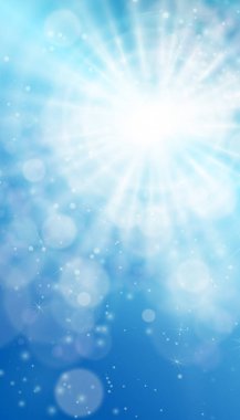 Mavi gökyüzü ve güneş. Patlayan Işınlı Gerçekçi Görüntü Tasarımı. Soyut Parlak Arkaplan.