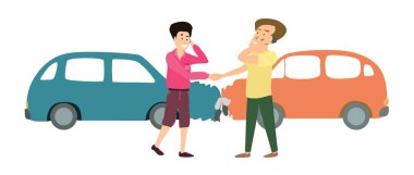 iki araba kaza ile iki gülümseyen adam. Karikatür çizim.