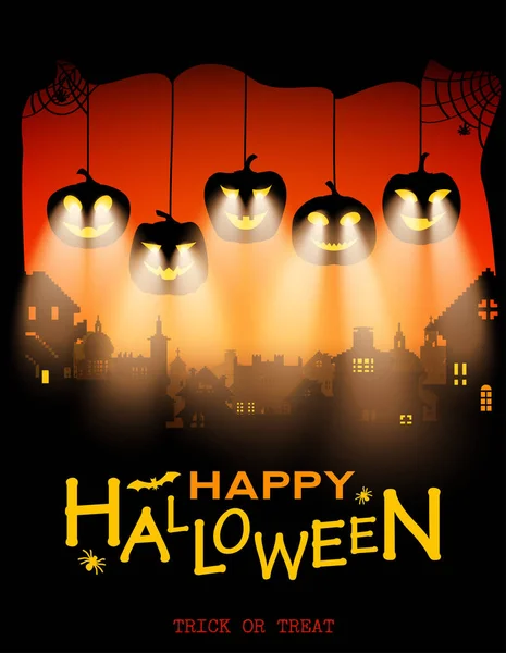 Cadılar Bayramı tasarım Pumpkins şehir arka plan göze gelen ışık ile — Stok Vektör