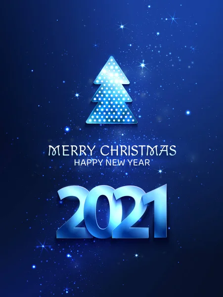 贺卡的蓝色与圣诞树和2021年的数字 黑暗的背景明亮而明亮 — 图库矢量图片