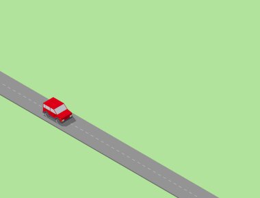 Uzun yoldaki Isometric Car. Yalnız ve özgür. Vektör
