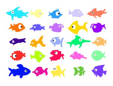 Beyaz arkaplanda farklı renkte karikatür balıkları.