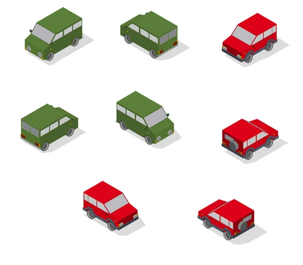 Isometrische pictogrammen voor transport. Eenvoudig plat naar rechts, links, naar voren, naar achteren. — Stockvector