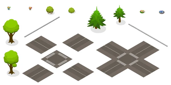 Establecer camino isométrico y árboles, construir sus propios mapas con elementos. Aislado sobre fondo blanco. — Vector de stock
