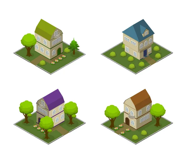 Conjunto de casas isométricas. Edificios de dibujos animados para pueblo o ciudad, infografía, juego y publicidad de bienes raíces. — Vector de stock