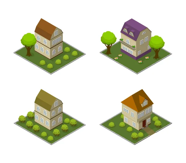 Definir casas isométricas. Edifícios de desenhos animados para aldeia ou cidade, infográfico, jogo e publicidade de imóveis. — Vetor de Stock