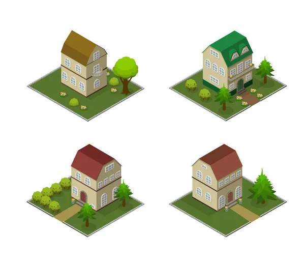 Stel isometrische huizen in. Cartoon gebouwen voor dorp of stad, infographic, spel en reclame voor onroerend goed. — Stockvector
